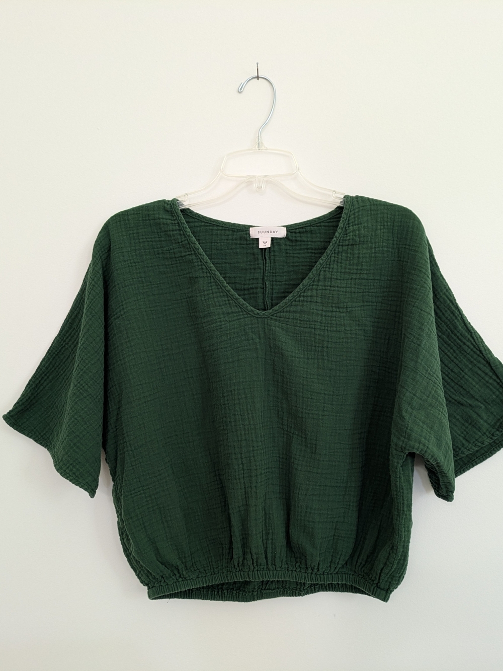 XS Suunday Dolman Kombu Green V-Neck Cotton Gauze Blouse
